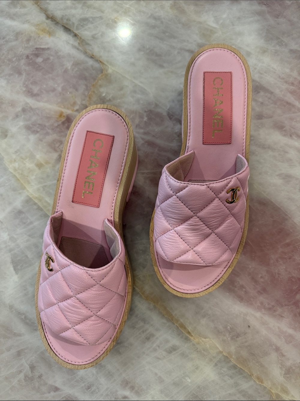 CHANEL Pink Quilted Slide Mules with Gold CC - Picture 2 of 6